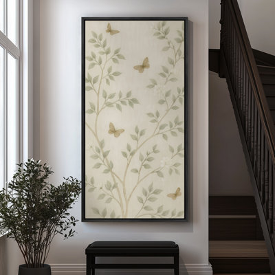 Delicate Butterfly Garden with Soft Green Leaves - Large Framed Canvas Master Bedroom Wall Art Print