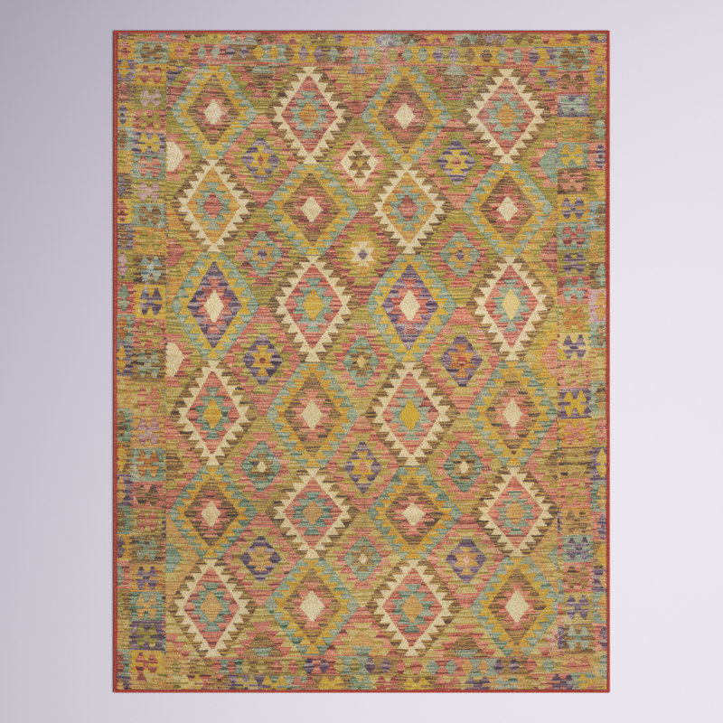 Hovey Tribal Diamond Machine Washable Gold/Red/Brown Area Rug Mat, Rectangle 7'6" x 10'