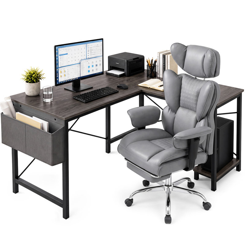 Bureau d'ordinateur en L Nahant avec chaise ergonomique multifonctionnelle à haut dossier, Gris / Gris
