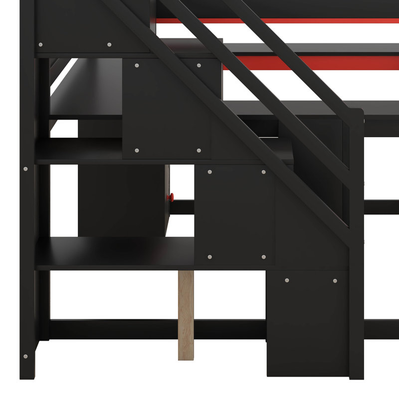 Lit mezzanine pleine grandeur avec bureau et panneau perforé, structure de lit de jeu en bois avec escalier de rangement et tablettes ouvertes