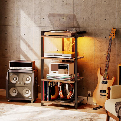 Meuble audio-vidéo à 4 niveaux, console multimédia avec station de charge et éclairage à DEL, armoire stéréo en bois, meuble télé d'angle, tourne-disque, support pour appareil de divertissement