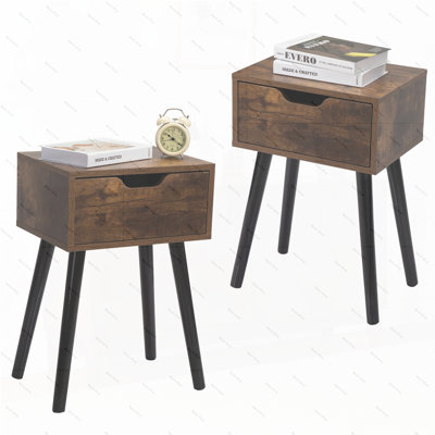 Set of 2 Mid Century Wood Side Table, End Table with 1 Storage Drawer, Nightstand for Bedroom Living Room, Rustic Brown and Black