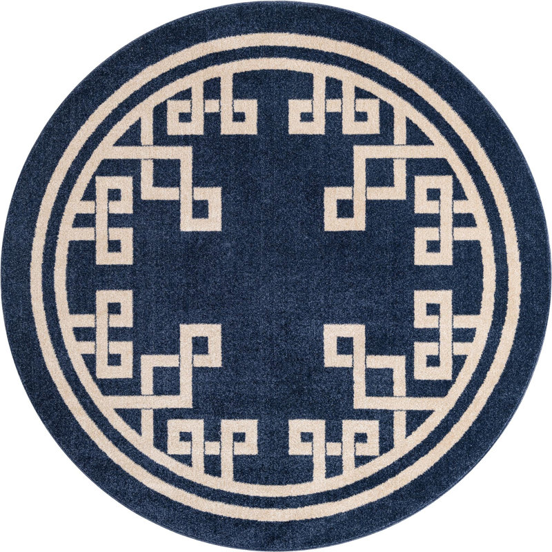 Tapis bleu foncé / beige Barreto, Rond 6 pi 1 po