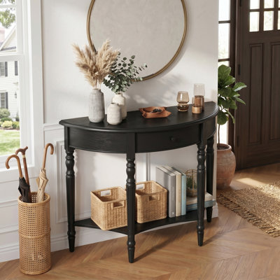 Navy Farmhouse Half Moon Console Table with Storage Drawer and Open Shelf, Rustic Sofa Accent Table for Entryway Hallway Foyer Living Room
