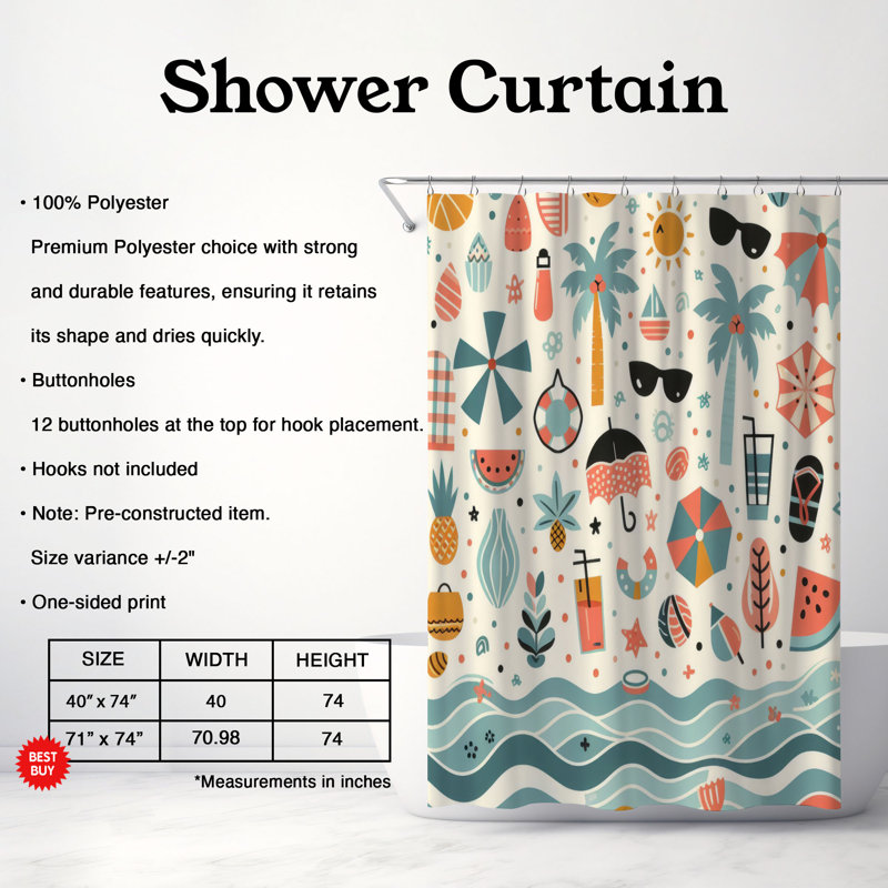 Rideau de douche standard 1 pièce Erven, H 74 po x l 71 po