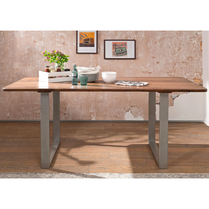 Sydney Solid Wood Top Metal Base Dining Table, Silver, Brown, 76cm H x 160cm L x 90cm W