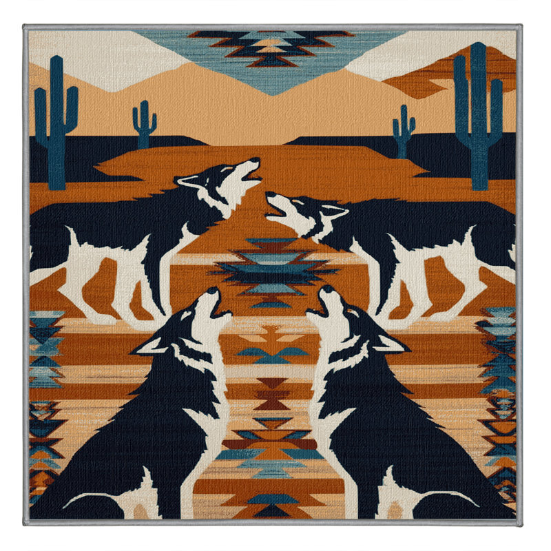 Washable Wolf Inspired Southwestern Area Rug, Square 6'