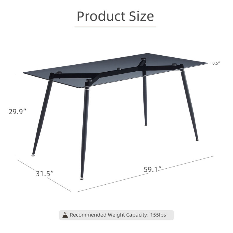 59.1" Black Rectangular Tempered Glass Dining Table for kitchen, dining room, living room