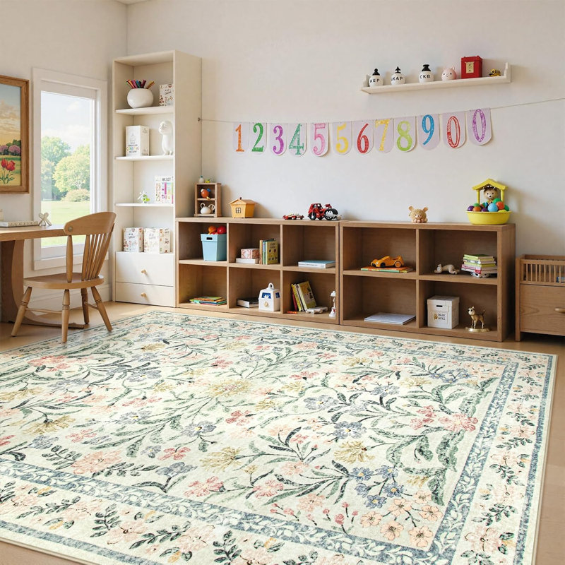 Kaldi Oriental Botanical Floral Machine Washable Area Rug with Non-Slip Backing for Living Room, Dining Room, Bedroom