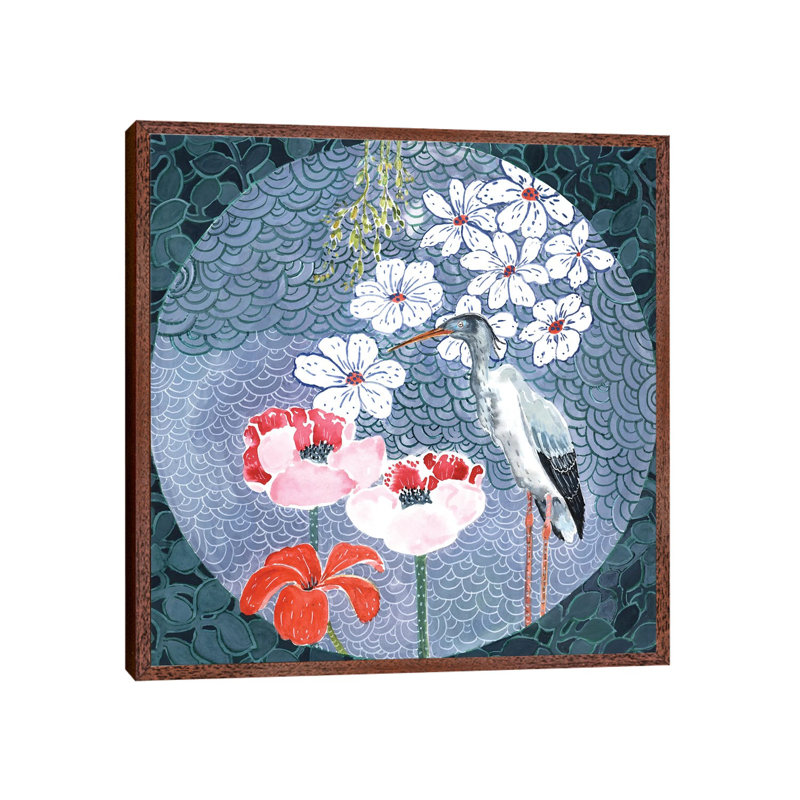 Floral Stork by Miri Eshet - Painting on Canvas, Classic Brown Wood Framed, 45.72 cm H x 45.72 cm W