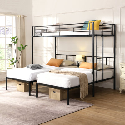 Twin Over Twin Over Twin Bunk Bed ,Triple Bunk Bed With A Vertical Ladder, Metal Frame Bunk Bed With Safety Rail, Twin Over Twin Over Twin Triple Bunk
