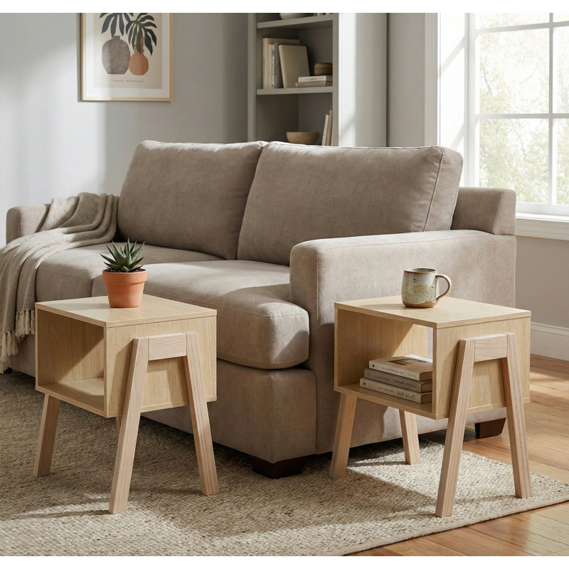 Set of 2 Stackable Accent Table Livingroom, Solid Pine Wood Coach Side Tables, Simple Nightstand, Natural Wood