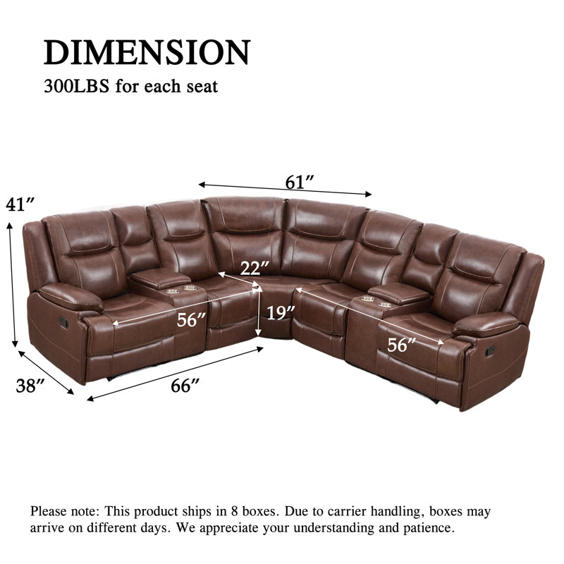7-Piece Modern & Contemporary Premium Genuine Leather Manual Recline Sectional Sofa With 2 Consoles & Dual Reclining