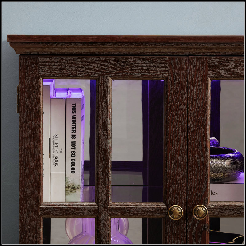 Vitrine à DEL rétro à 4 portes - portes en verre, tablettes réglables en verre, dossier en acrylique, poignées en métal