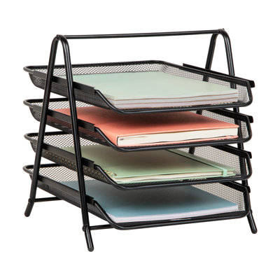 4-Tier Paper Tray Organizer, Desktop File Sorter with Handle, Document Storage, Slide-Out Trays, Metal Mesh, Black