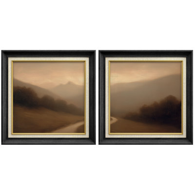Warm Sepia Mountain Path Landscape Vintage Minimal Scenery - Framed Paper Master Bedroom Wall Art 2 Pieces Print