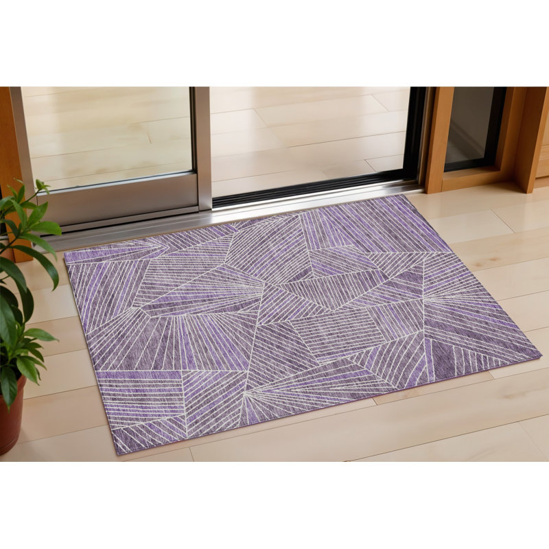 3' X 5' Purple And Ivory Geometric Washable Indoor Outdoor Area Rug