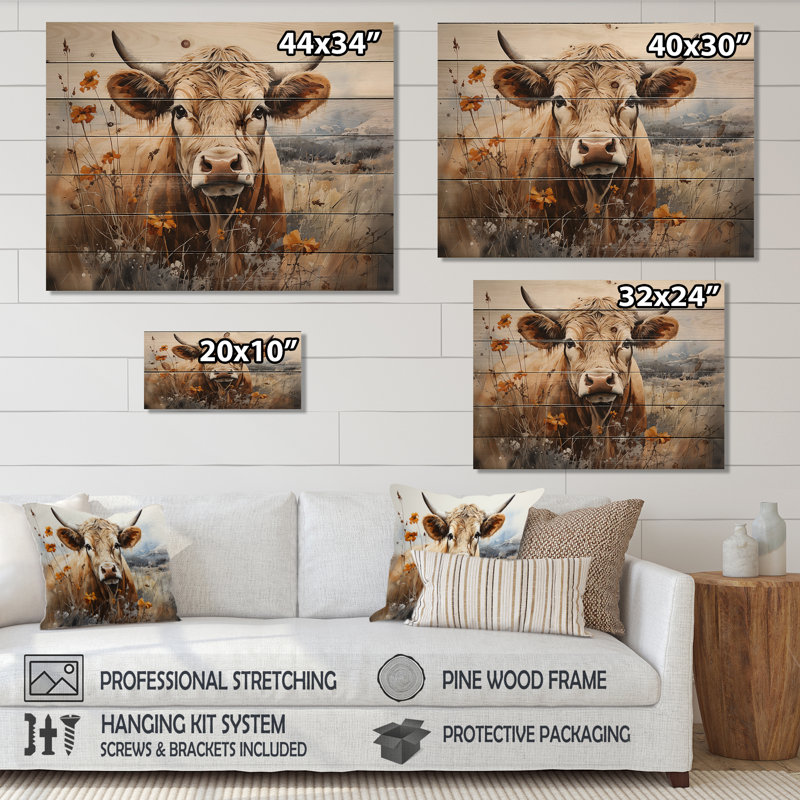 Vache dans la prairie III - Animaux, reproduction sur bois de pin naturel, H 30 po x l 40 po