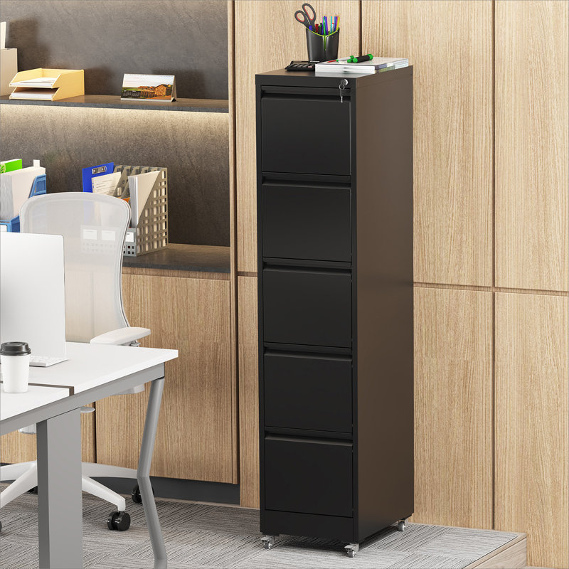 5 Drawer Metal Vertical File Cabinet with Lock on Wheels for Home Office,Heavy Duty Metal Storage Cabinet for A4/Letter/Legal Size Files, 17.71"D*15.16"W*64.17"H