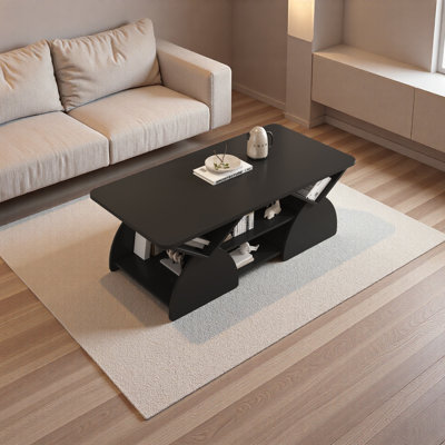 Engineered Wood Rounded Corner Rectangular Coffee Table For Living Room, Easy Assembly Storage Table With Open Shelves Sturdy Frame For Reception Room
