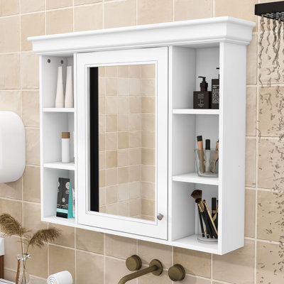 Armoire de rangement élégante pour salle de bain avec porte miroir et 5 tablettes ouvertes