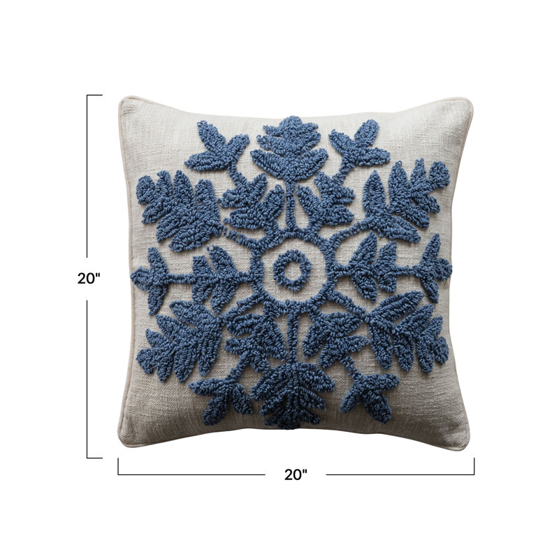 Oreiller touffeté en flocons de neige en coton avec passepoil en velours, bleu et naturel