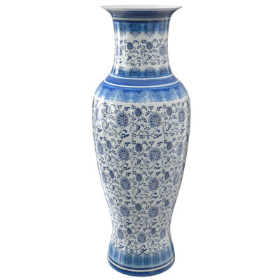 36" Floral Blue & White Porcelain Tung Chi Vase
