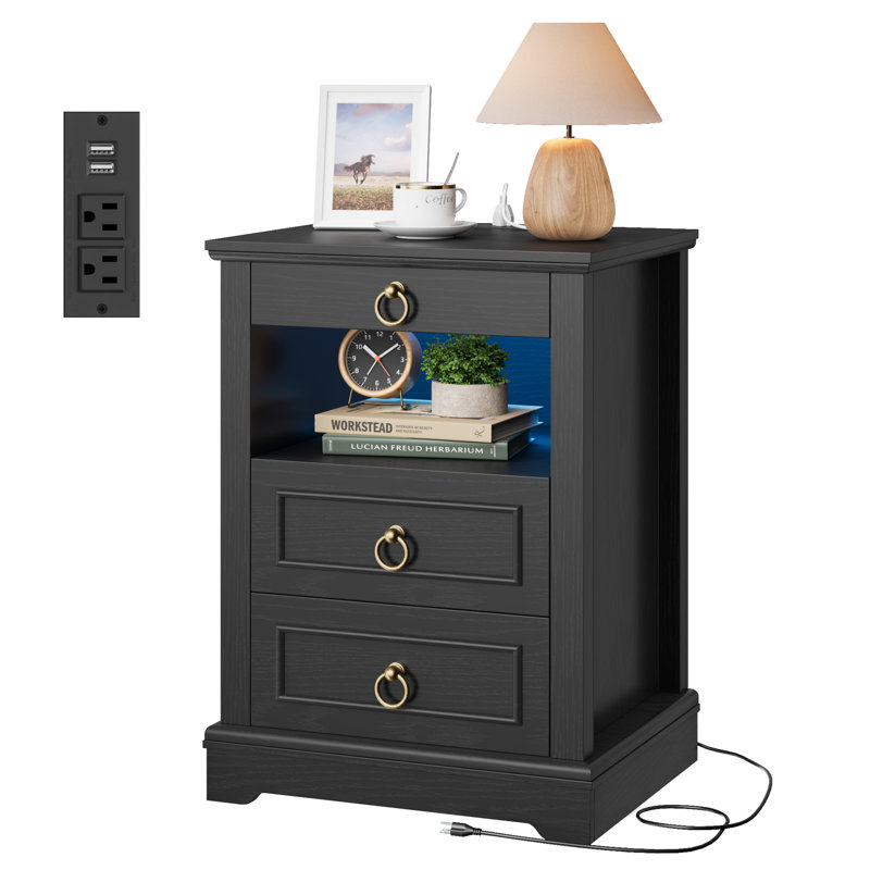 Table de chevet moderne à 3 tiroirs et 1 rangement ouvert avec prises et lumière DEL, blanc, noir, Noir