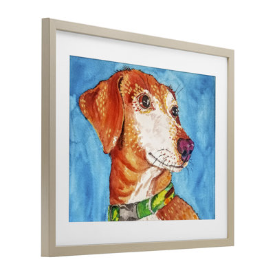 Bold Orange Dog on Blue Framed Print Under Glass, design by Tatiana Roberts