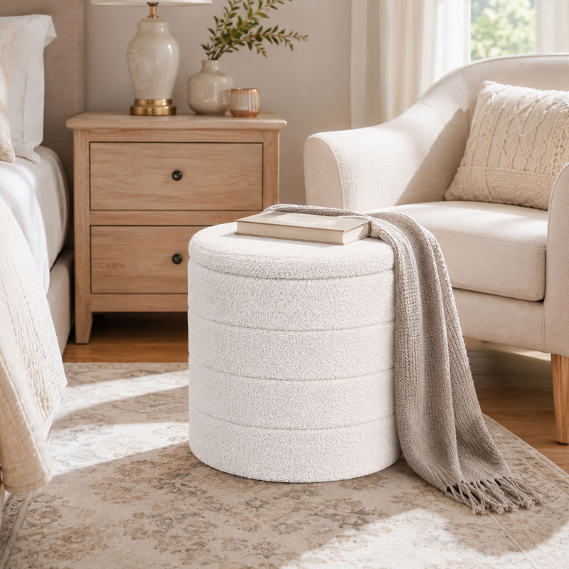 Round Folding Storage Ottoman, Reversible Tray Top