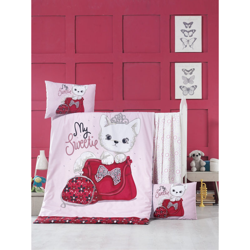 Ensemble de housse de couette douce pour bébé 100% coton Ranforce, rouge, rose, blanc et noir | Comprend une housse de couette (39,4 x 59,1 po), un drap plat (39,4 x 59,1 po), 2 taies d'oreiller (13,8 x 17,7 po) | 145 fils, lavable à la machine, fermet