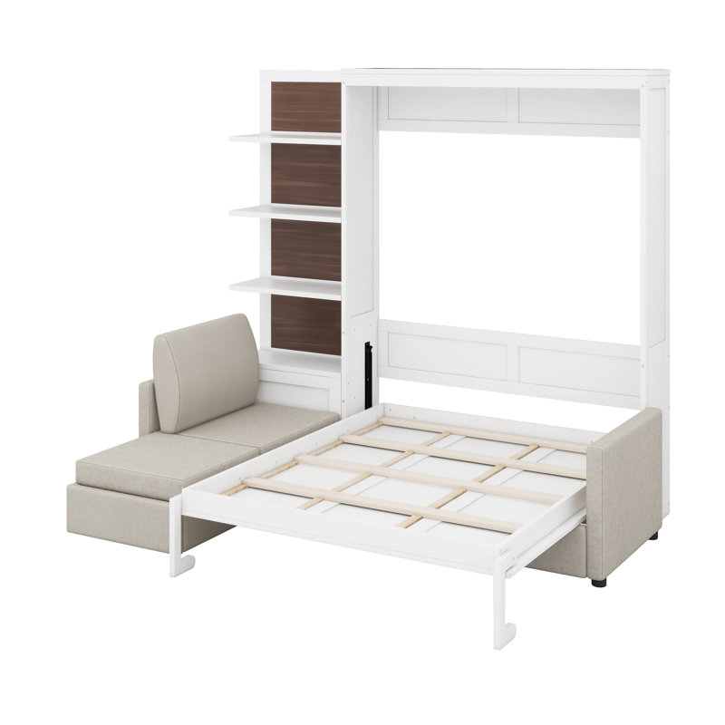Grand lit escamotable mural avec canapé et tablettes, Blanc gris
