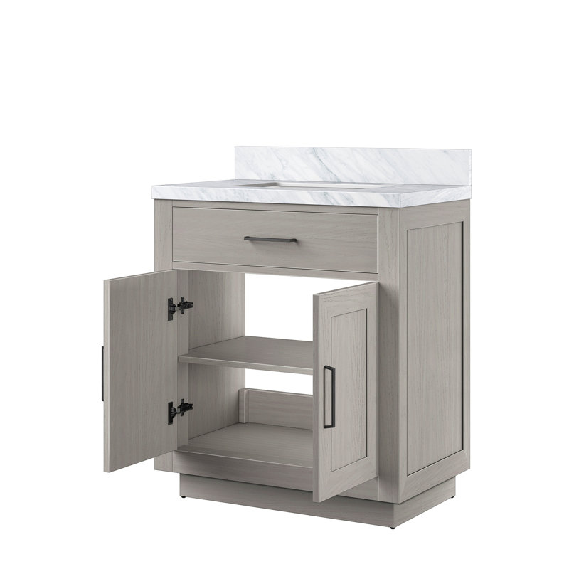 Meuble-lavabo simple en chêne blanc 30 po X P 22 po D, avec plateau en marbre de Carrare, Blanc, Noir mat, 30"