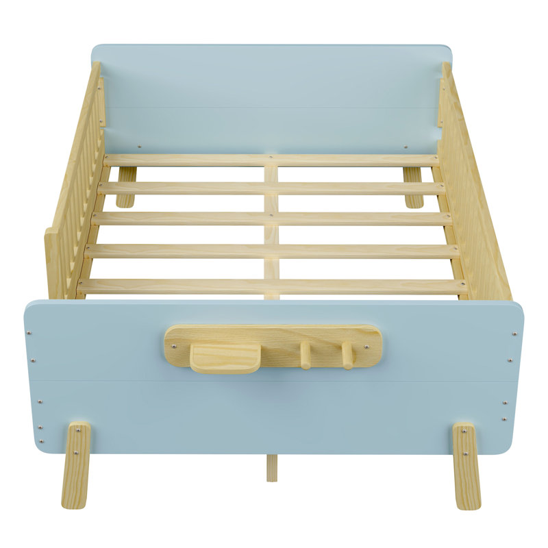 Lit double pour enfants, lit plateforme double en bois avec tête et pied de lit, Bleu