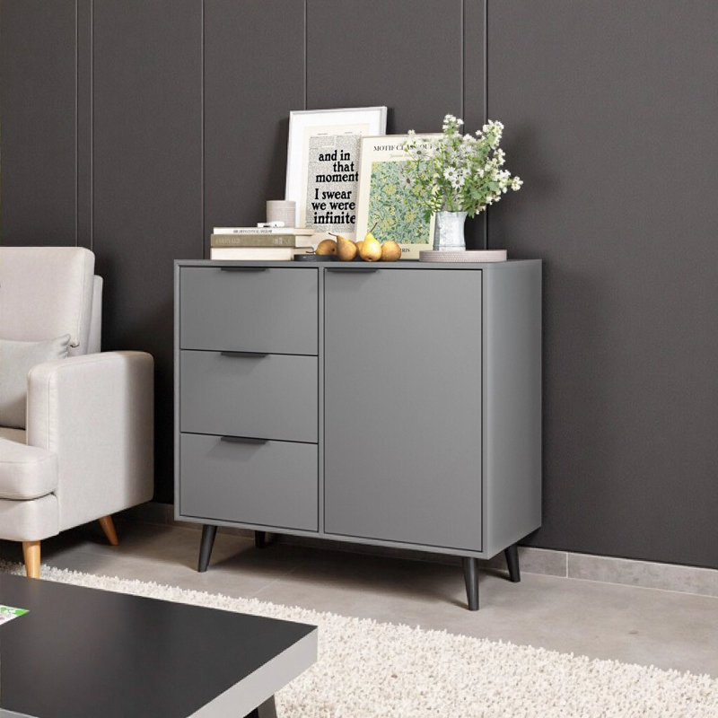 Armoire de rangement Mid-Century moderne avec 3 tiroirs et tablette réglable - 31,5 po de largeur pour le salon, le bureau personnel et le vestibule - gris