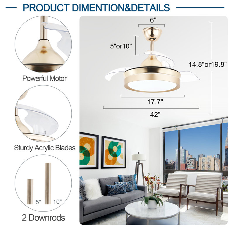 36" Invisible 3-Blade Retractable Ceiling Fan with LED Light and Remote Control, Gold