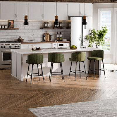 27.2" Upholstered Bar & Counter Stool with Back, 360° Swivel Faux Leather Stools, Olive Green