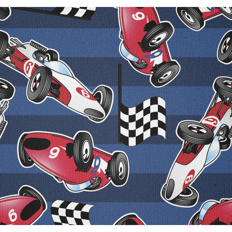 Devonn Vintage Racing Cars on Stripes with Checkered Flags Automobile Sports Multi-Purpose Fabric