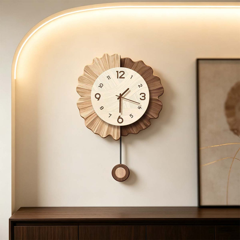 Horloges murales en bois à pendule, motif floral ondulé bicolore, Medium