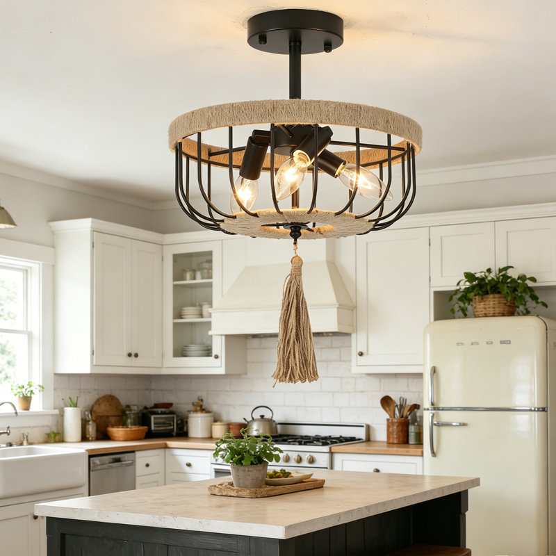 3-Light Black Cage Semi-Flush Mount, Rustic Farmhouse Boho Ceiling Light With Handwoven Hemp Rope Drum Shade For Kitchen, Dining Room, Bedroom