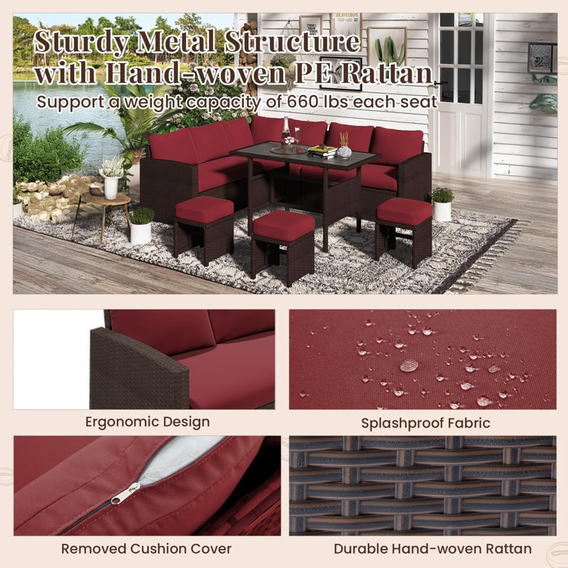Ensemble de conversation pour canapé modulaire 7 pièces avec housse 7 pièces, Coussin vin rouge / cadre brun