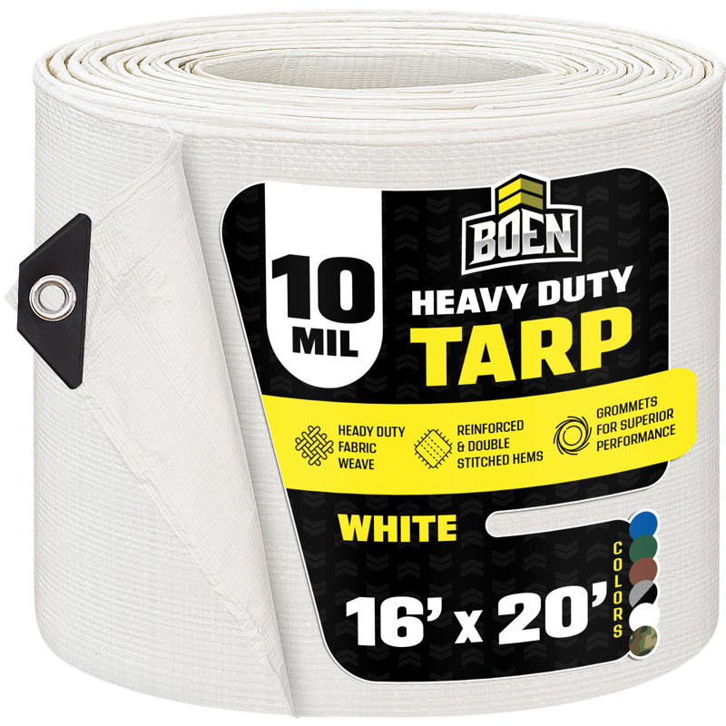 Bâche blanche Boen de 16 pi x 20 pi, housse résistante et imperméable de 10 mil d'épaisseur, bâches anti-déchirure, matériau de tissage épais, résistant aux rayons UV, idéal pour la tente de bâche, le bateau, le véhicule récréatif ou la piscine