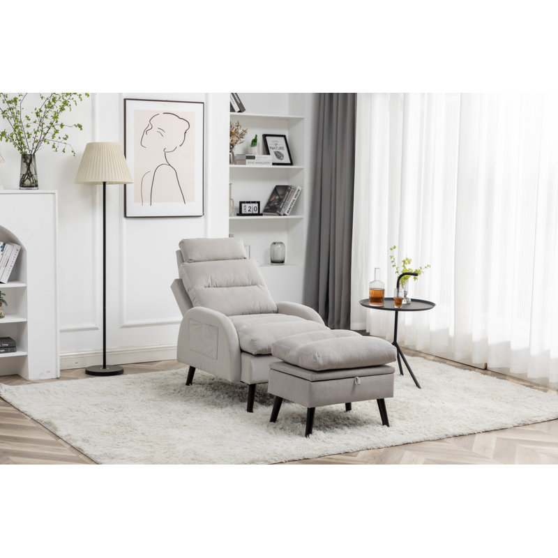 Jonilda Upholstered Accent Chair and Ottoman with  Adjustable Backrest, Light Gray Velvet