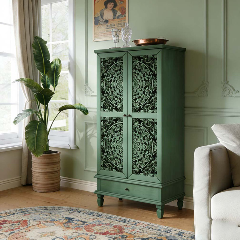 Rustic Storage Cabinet Drawer Carved Wood Accent Solid Legs, Antique Green
