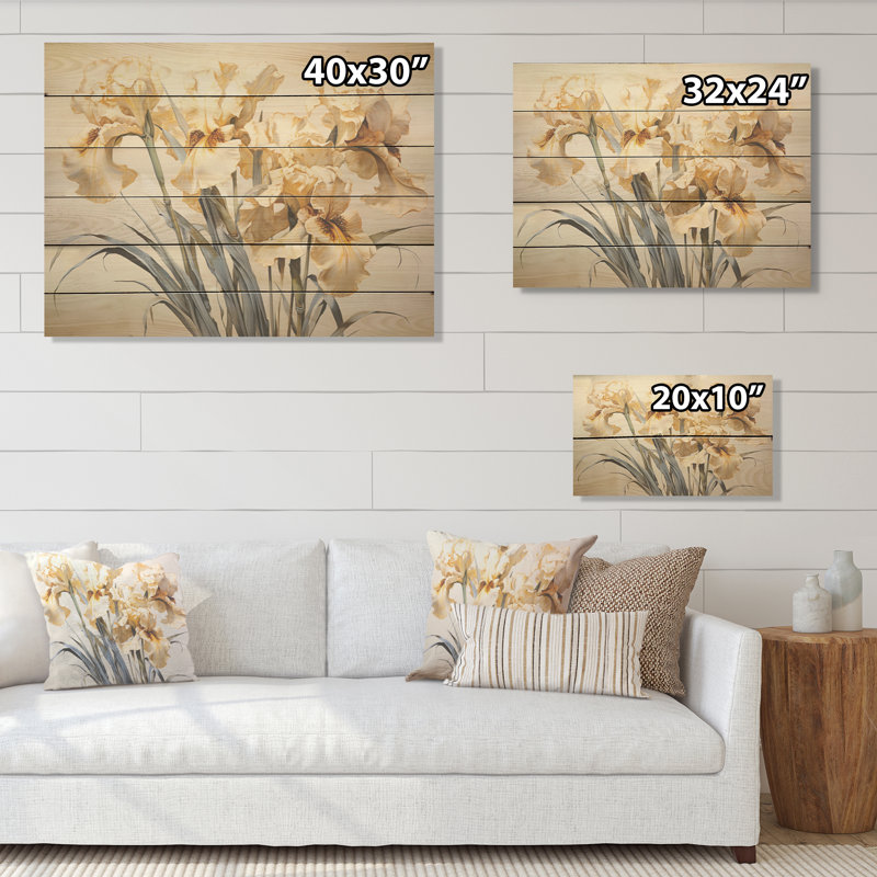 Minimalisme beige et doré, iris I - Art mural en bois sur bois de pin naturel, H 24 po x l 32 po