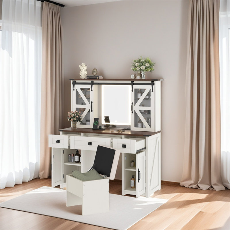 Lighted Vanity Mirror With Storage Stool And Charging Station