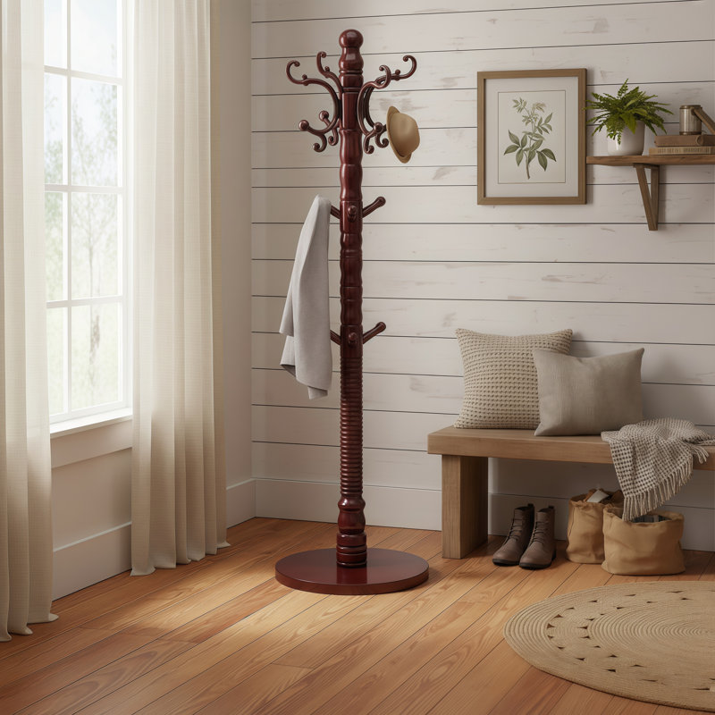 Natural Birch Wood Freestanding Coat Rack, Retro Style, Sturdy Round Base, Cleverly Designed With 14 Hooks, Easy To Assemble And Suitable For Entryways.