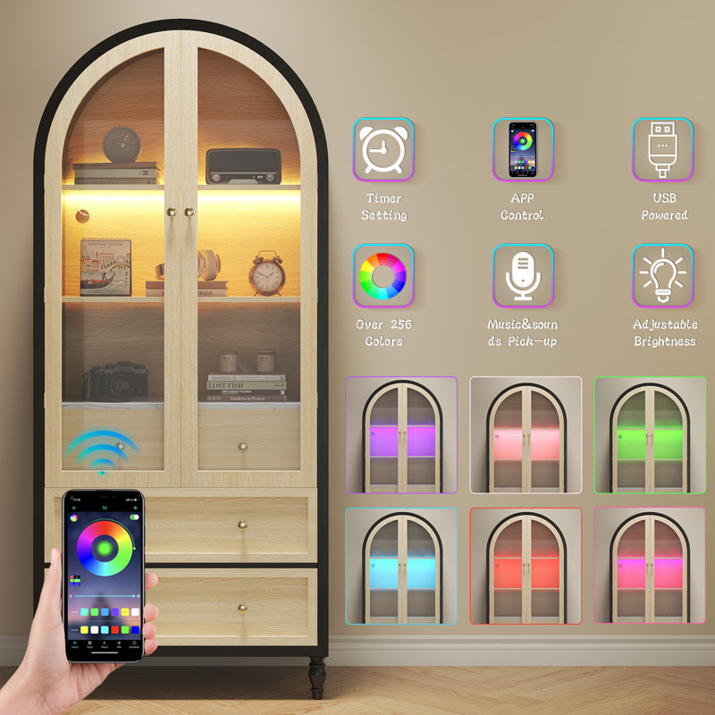 73 Inch Tall Arched Storage Cabinet With Doors Arched Pantry Led Lighted Display Cabinet Bookshelf