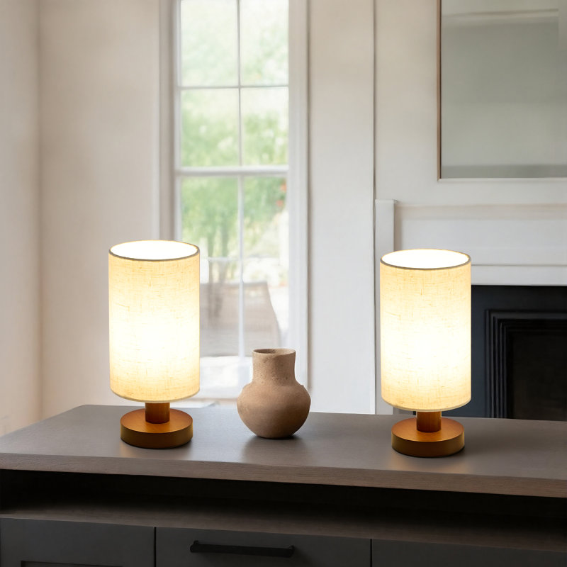 Set Of 2 Cozy Compact Table Lamp For Small Spaces, Walnut
