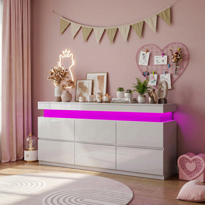 55" TV Stand With Drawers, Dressing Table 6 Drawer  With LED Light White